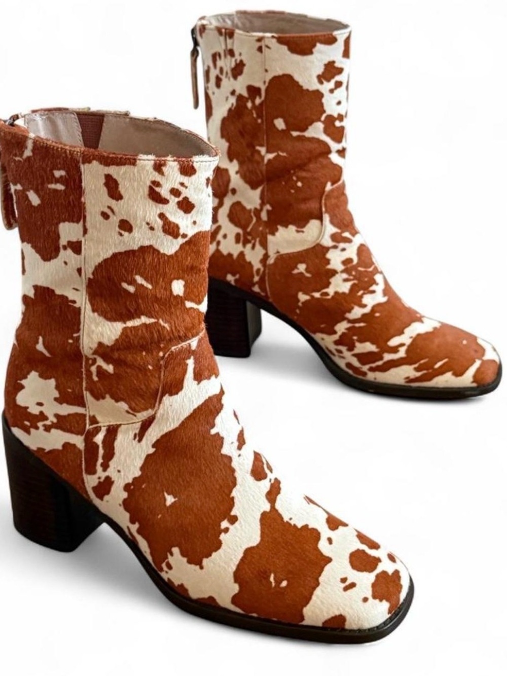 INTENTIONALLY BLANK PG Brown & White Cowhide Print Mid-Calf Heeled Boots